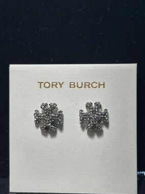 Tory Burch Silver Crystal Logo Stud Earrings
